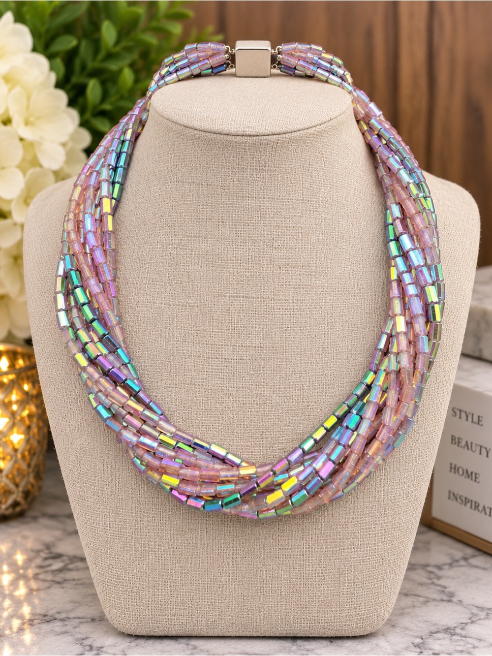 VINTAGE VENDOME GLASS SEA-BEAD MULTI LAYER NECKLACE PURPLE 15”